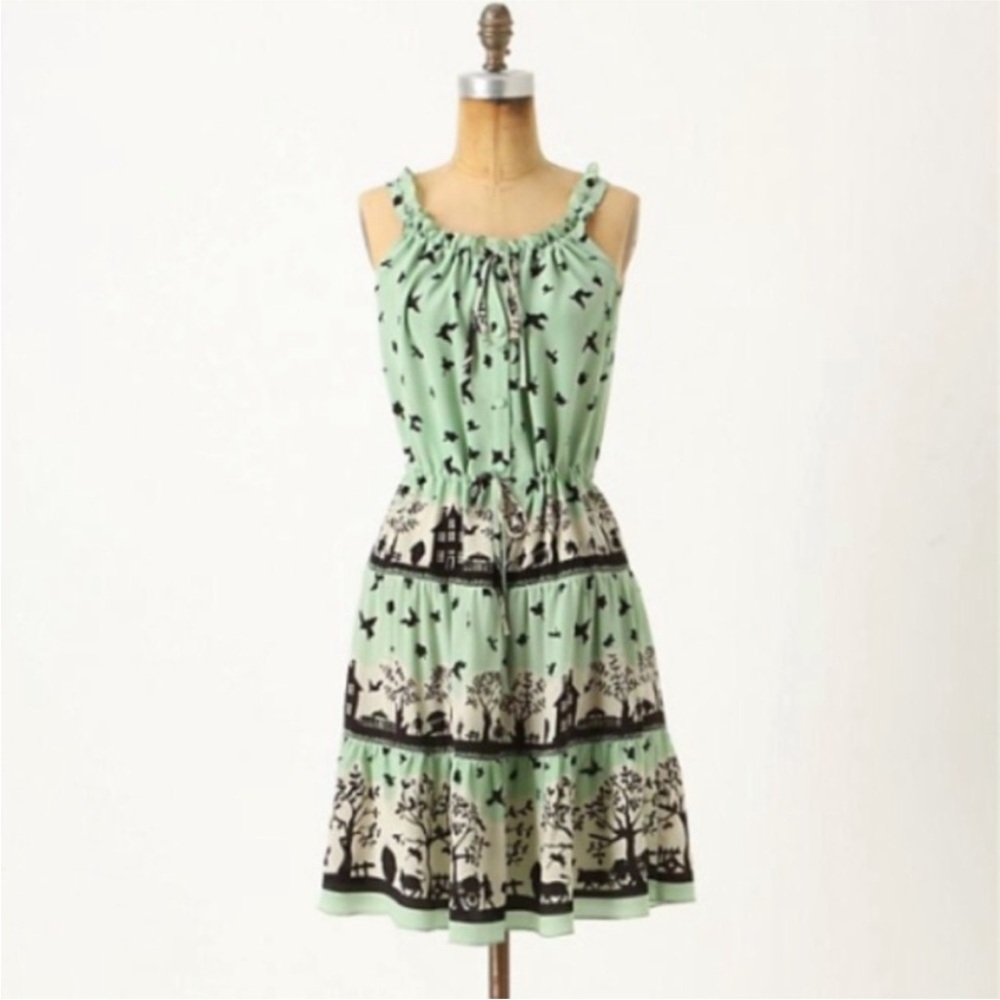 Anthropologie Anna Sui Tippi Farm House Bird Dress Green 100% Silk Size 4